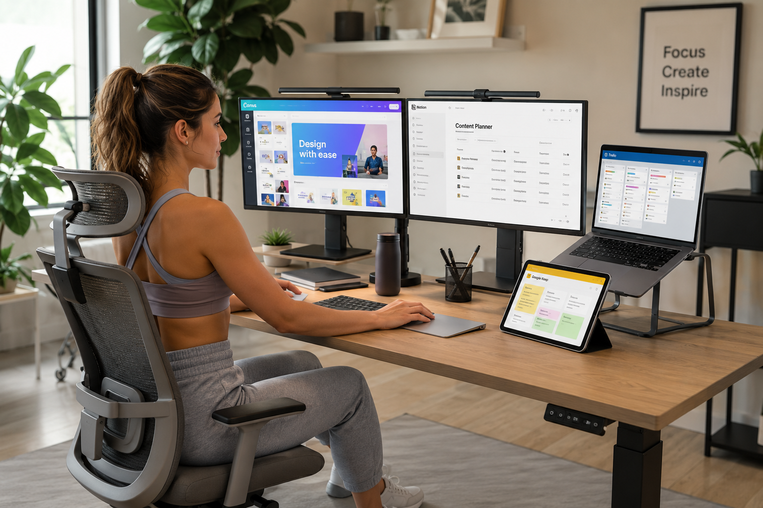 Slim young woman in casual sportswear working at a modern ergonomic desk setup with dual monitors, MacBook, and iPad displaying Canva, Notion, Trello, and Google Keep in a bright home office.