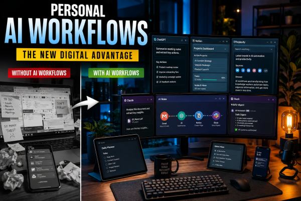Modern workspace with AI-powered productivity tools and automated digital workflows displayed across multiple screens.