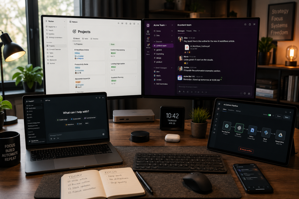 Modern Productivity Workspace - a realistic desk setup with multiple monitors with ChatGPT, Notion, Slack and automation tools on them