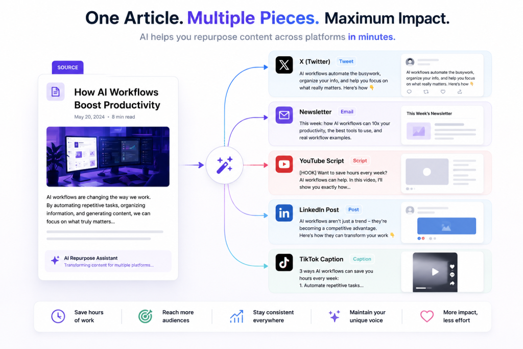 Creator Workflow Collage - One article transforming into: tweet, newsletter, YouTube script, LinkedIn post, TikTok caption
