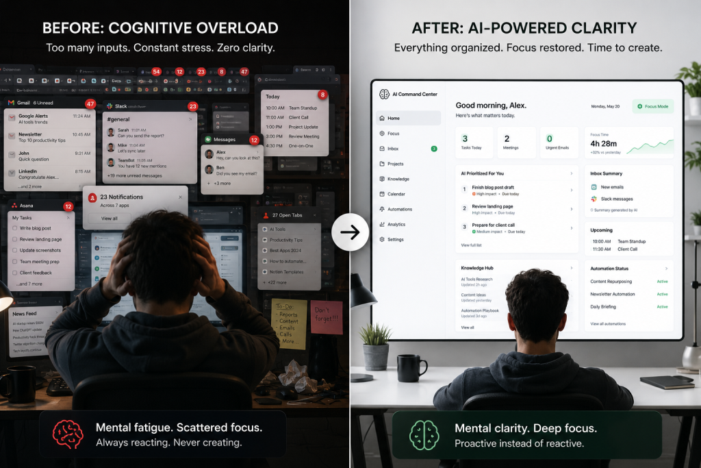 Cognitive Overload Contrast Image - Split-screen: before (chaotic notifications/tabs/messages) vs after (calm AI-organized dashboard) - a guy sitting with his back to us overwhelmed before and calm and confident after.