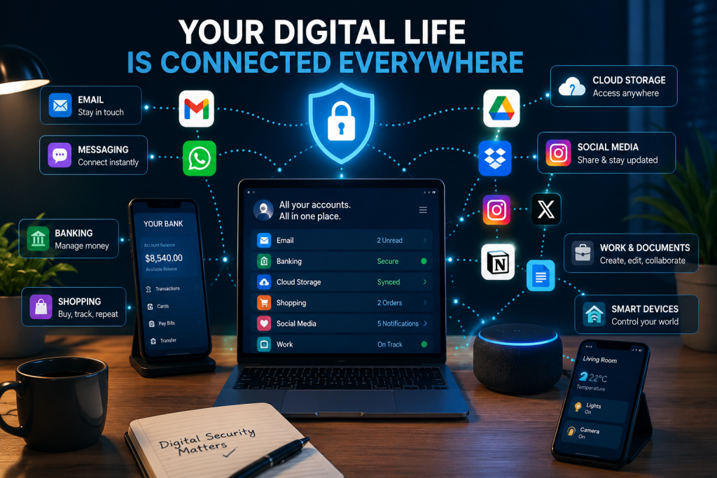 Modern digital security illustration showing a connected online ecosystem with email, banking, messaging, cloud storage, social media, shopping, work apps, and smart home devices linked around a secure laptop workspace. The image highlights how everyday digital services are interconnected and emphasizes online privacy and cybersecurity for beginners.