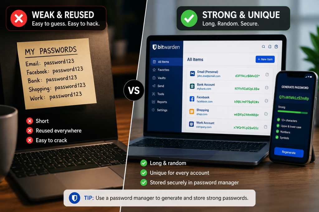 Split-screen online security illustration comparing weak reused passwords versus strong unique passwords stored in a password manager. The left side shows insecure sticky note passwords reused across accounts, while the right side displays a secure password manager generating long random passwords for banking, email, shopping, and work accounts.