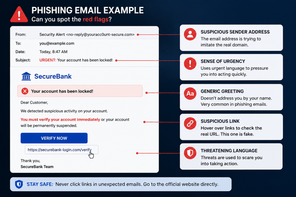 Educational phishing email infographic showing a fake bank security alert with common phishing red flags highlighted, including a suspicious sender address, urgent language, fake verification link, generic greeting, and threatening messaging. The image teaches beginners how to identify phishing scams and avoid malicious emails.