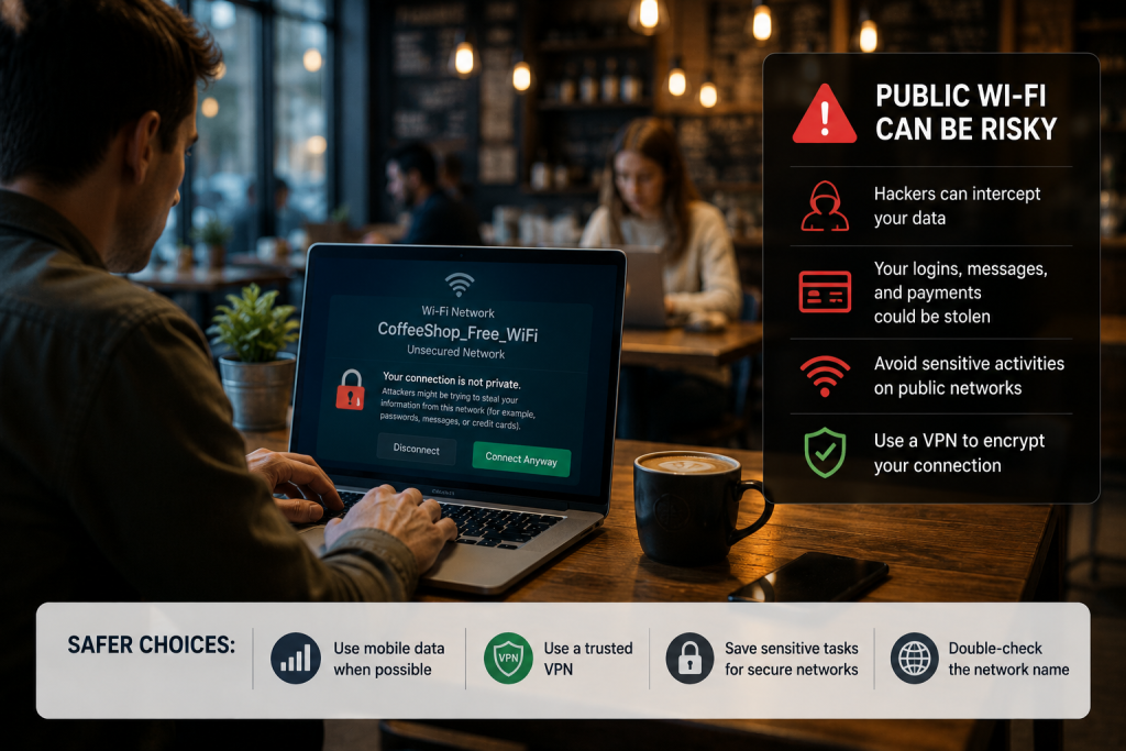 Realistic café workspace scene showing a person using a laptop connected to an unsecured public Wi-Fi network, with cybersecurity warnings about data interception and account theft. The infographic explains the risks of public Wi-Fi and recommends safer practices like using a VPN, mobile data, and avoiding sensitive activities on public networks.