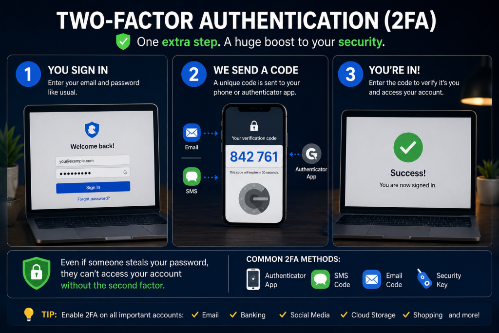 Infographic explaining how two-factor authentication (2FA) works, showing the three-step login process with a password, verification code, and secure account access. The image highlights different 2FA methods including authenticator apps, SMS codes, email verification, and security keys to improve online account security.