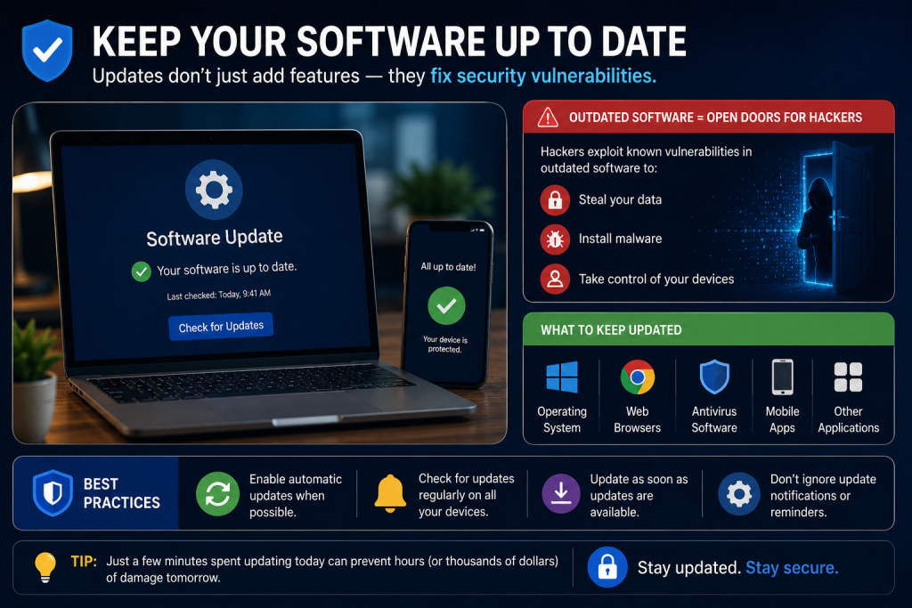 Cybersecurity infographic about keeping software updated, showing a laptop and smartphone with successful software update screens alongside warnings about outdated software vulnerabilities. The image explains how regular updates help protect devices from hackers, malware, and security risks across operating systems, browsers, mobile apps, and antivirus software.