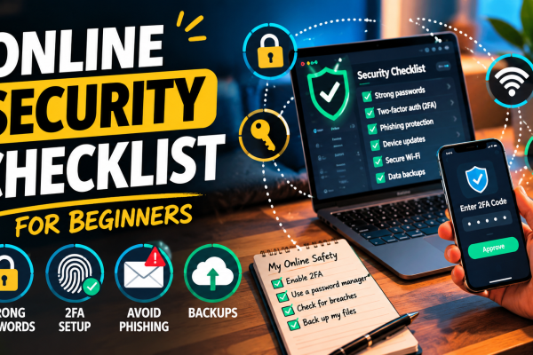 A modern desktop workspace with a laptop showing security dashboard, a smartphone with 2FA prompt, password manager UI, dark modern aesthetic subtle cybersecurity visuals (shield, lock icons)